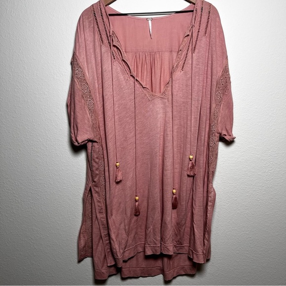 Free People Women Whymsical Tunic Dress Medium‎ Pink Embroidered Boho Oversized - Picture 1 of 10